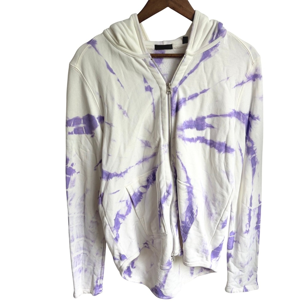 ATM Tie Dye Zip Hoodie Sz Large Purple White Cotton High Low Sweatshirt